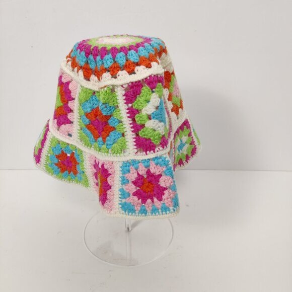 Women\'s Multicolor Crochet Bucket Hat Summer Beach White Cottagecore Bohemian